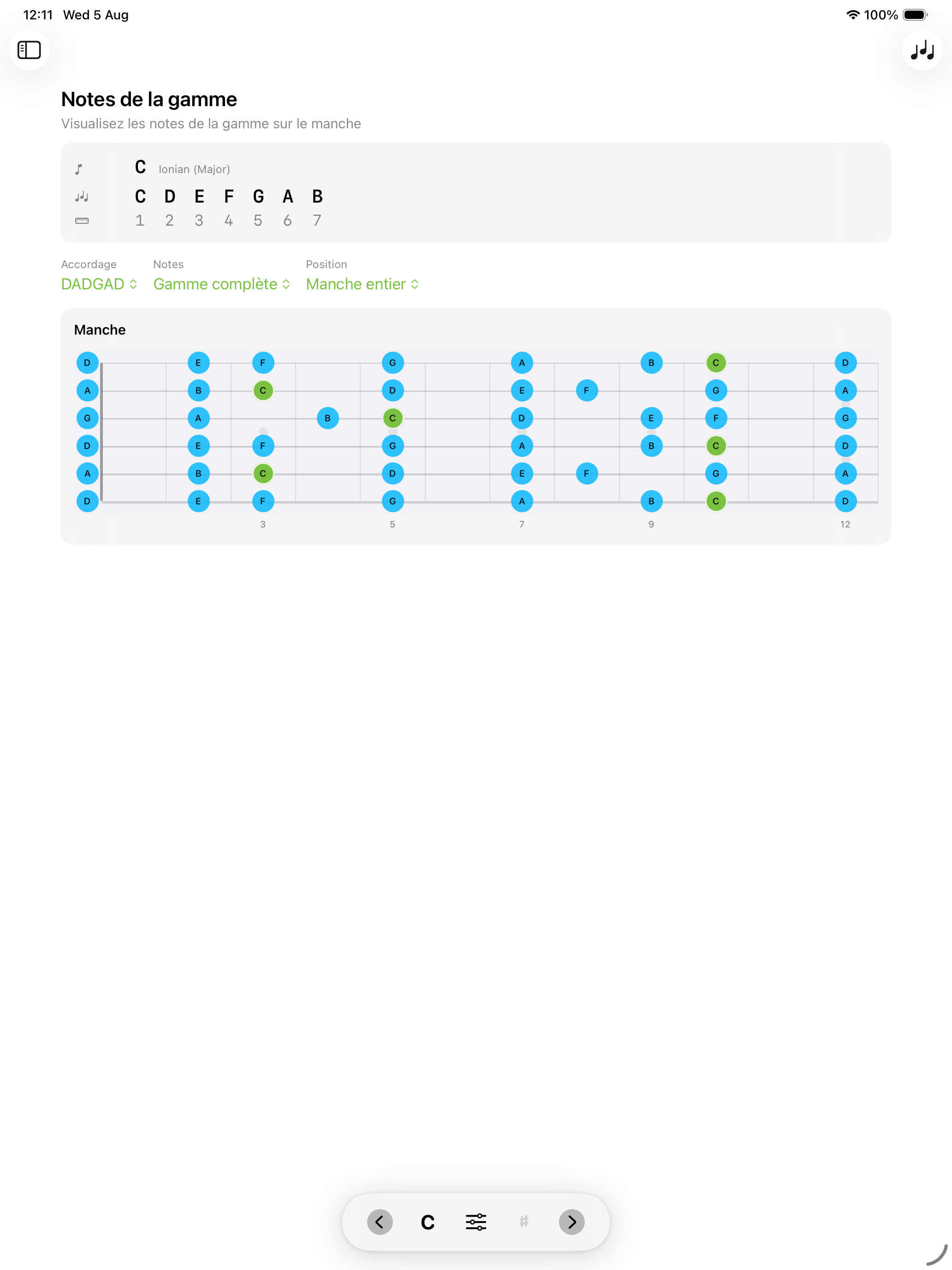 Manche réaccordé en DADGAD sur iPad